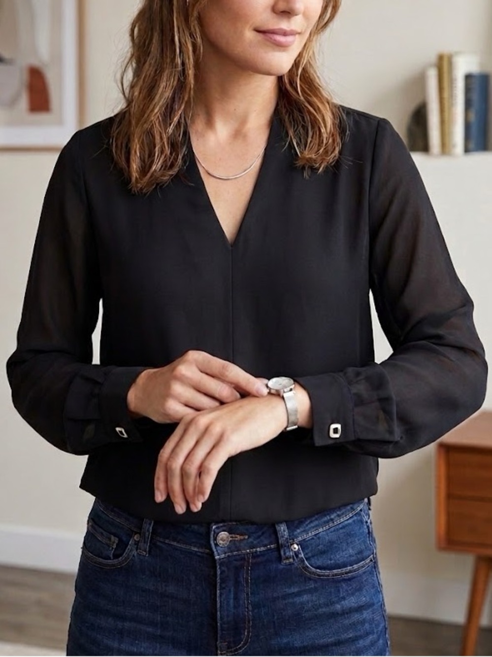 Violet + Claire Black Chiffon V-Neck Blouse - Size S
